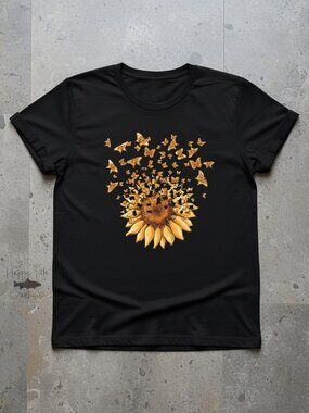 Golden Sunflower Butterflies Floral Nature Boho Graphic Tee